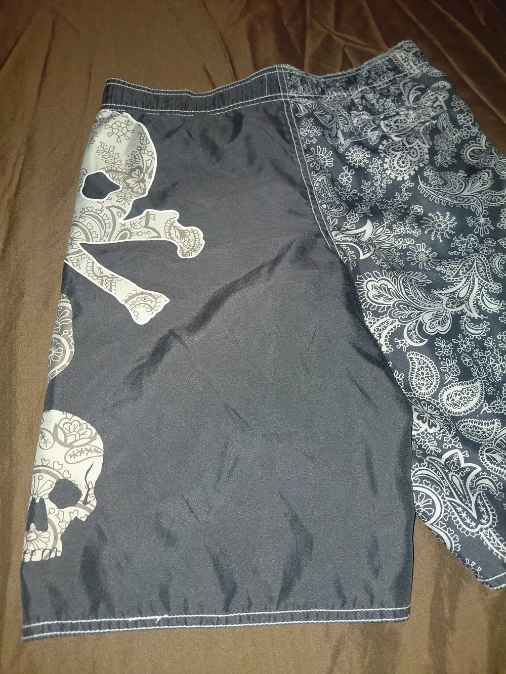 Old Navy Black and White Paisley Skull Boys' Swim Trunks
